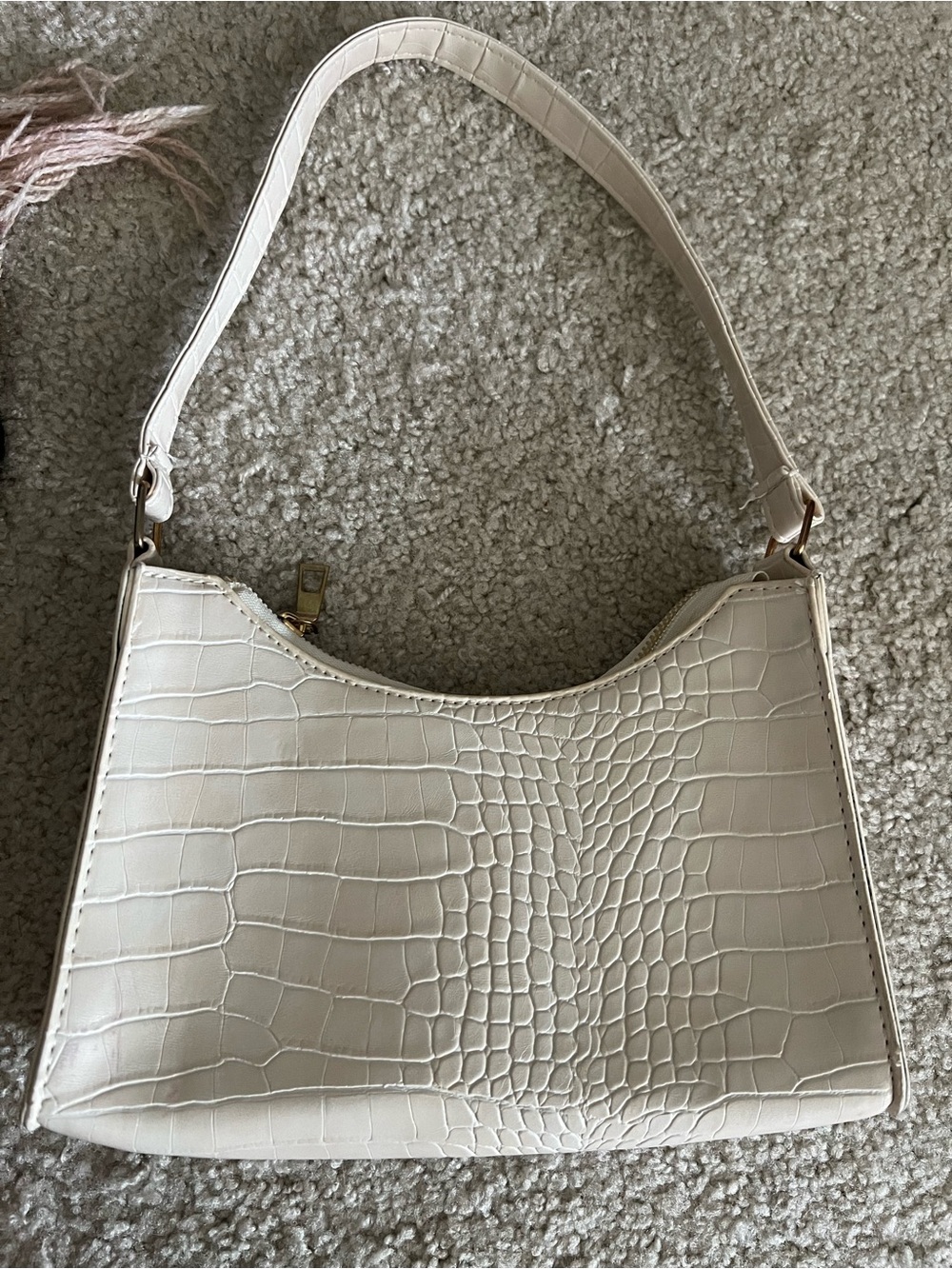 Cream Croc-Embossed Shoulder Bag